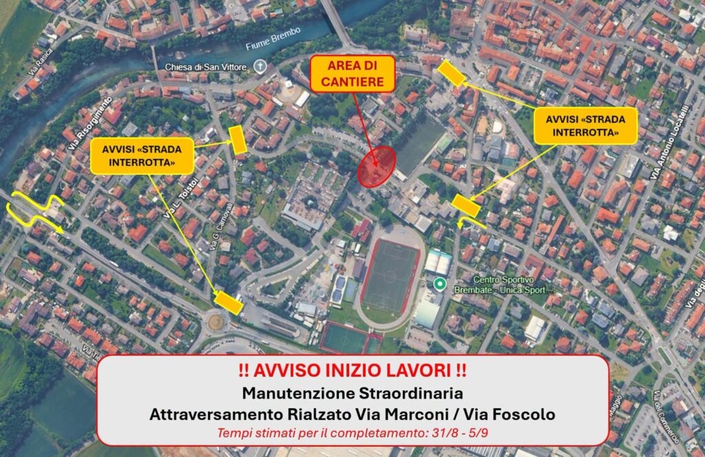 Cantieri a Brembate: da lunedì chiude l’incrocio tra via Marconi e via Foscolo